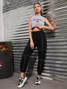 SHEIN Unity Contrast Reflective Piping Sweatpants Fall Cloth For Women - Black - View 3