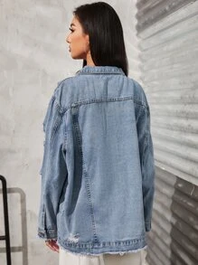 SHEIN Essnce 淺色水洗毛邊下擺破洞長款牛仔夾克 - 淺色水洗藍 - 查看 2