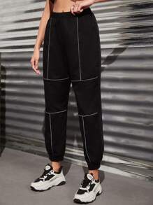 SHEIN Unity Contrast Reflective Piping Sweatpants Fall Cloth For Women - Black - View 5
