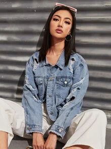 SHEIN Essnce 淺色水洗毛邊下擺破洞長款牛仔夾克 - 淺色水洗藍 - 查看 6