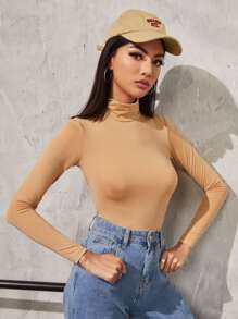 SHEIN Essnce Solid High Neck Form Fitted Tee - Apricot - View 5
