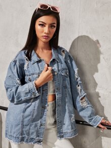 SHEIN Essnce 淺色水洗毛邊下擺破洞長款牛仔夾克 - 淺色水洗藍 - 查看 7