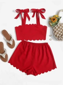 SHEIN VCAY Bộ đồ hai mảnh nữ Thắt nút Sò điệp màu trơn Giải trí - Đỏ - Xem 2