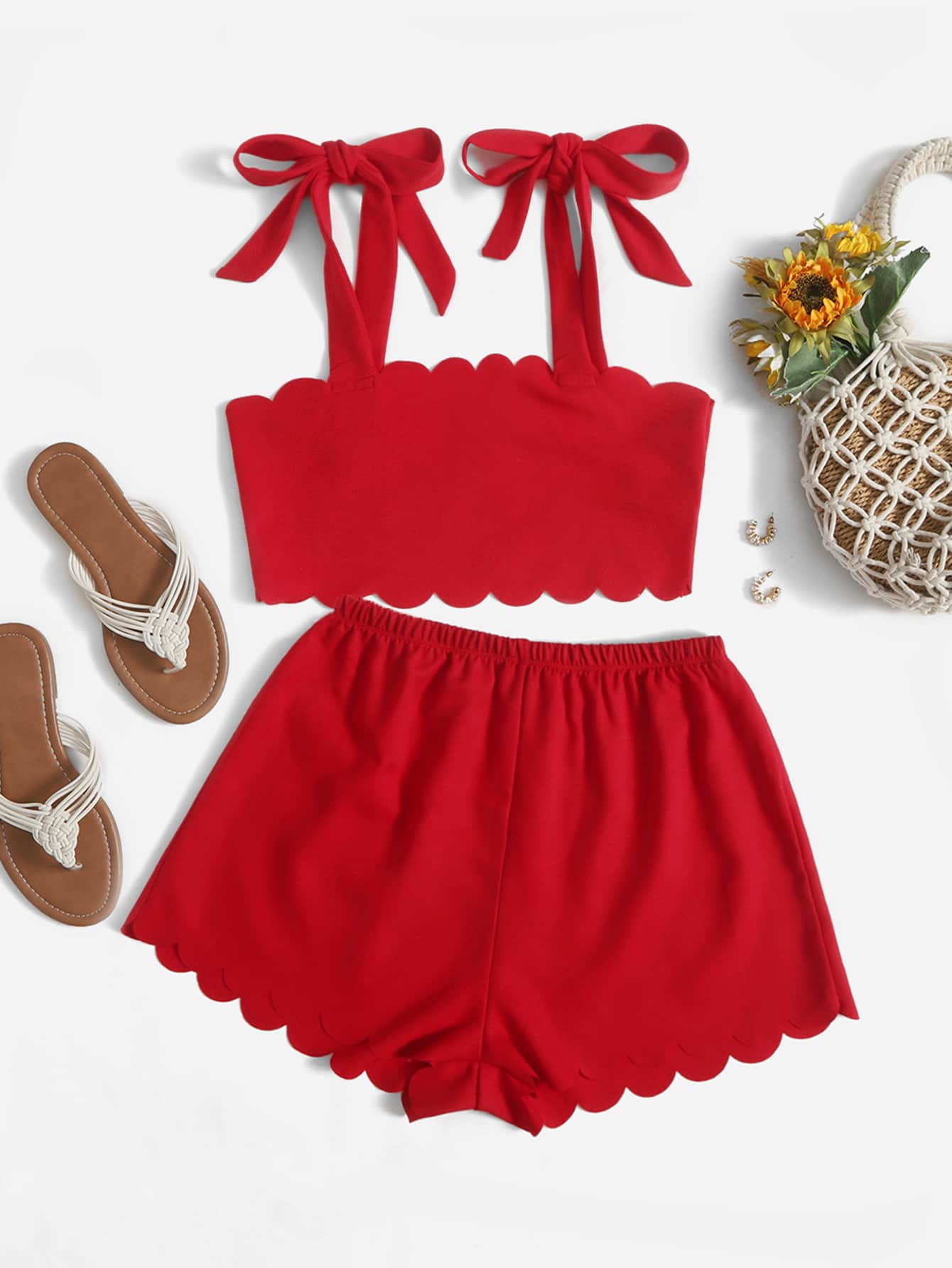 SHEIN VCAY Bộ đồ hai mảnh nữ Thắt nút Sò điệp màu trơn Giải trí