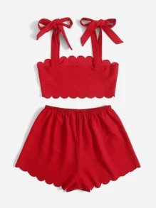 SHEIN VCAY Bộ đồ hai mảnh nữ Thắt nút Sò điệp màu trơn Giải trí - Đỏ - Xem 3