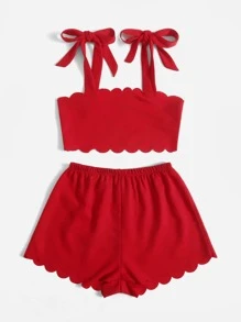 SHEIN VCAY Bộ đồ hai mảnh nữ Thắt nút Sò điệp màu trơn Giải trí - Đỏ - Xem 4