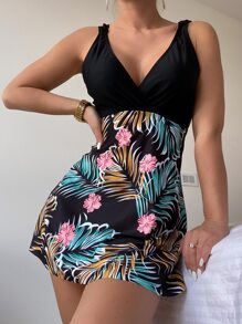 Random Tropical Print Swim Dress Summer Beach - Multicolor - View 1