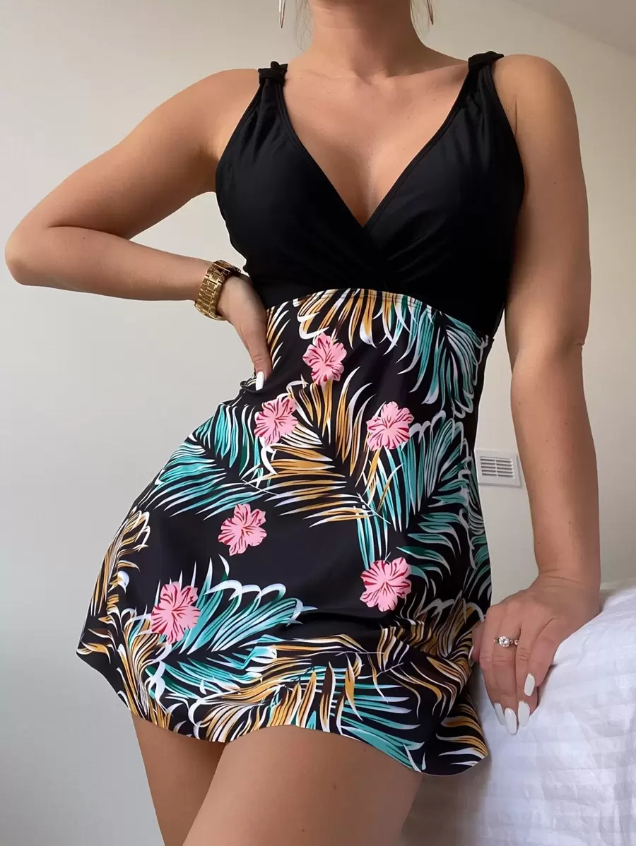 Random Tropical Print Swim Dress Summer Beach - Multicolor - View 1