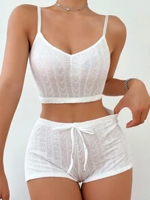 Set de lencería fruncido con nudo delantero con textura - Blanco - Ver 5