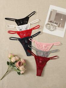 Shein Underwear&Sleepwear Basics 7-pak koronkowych paneli G-String, seksowna bielizna