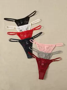 Shein Underwear&Sleepwear Basics 7-pak koronkowych paneli G-String, seksowna bielizna