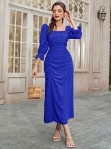 Modelyn 圓點荷葉袖褶邊木耳邊連衣裙 - 寶藍色 - 查看 1