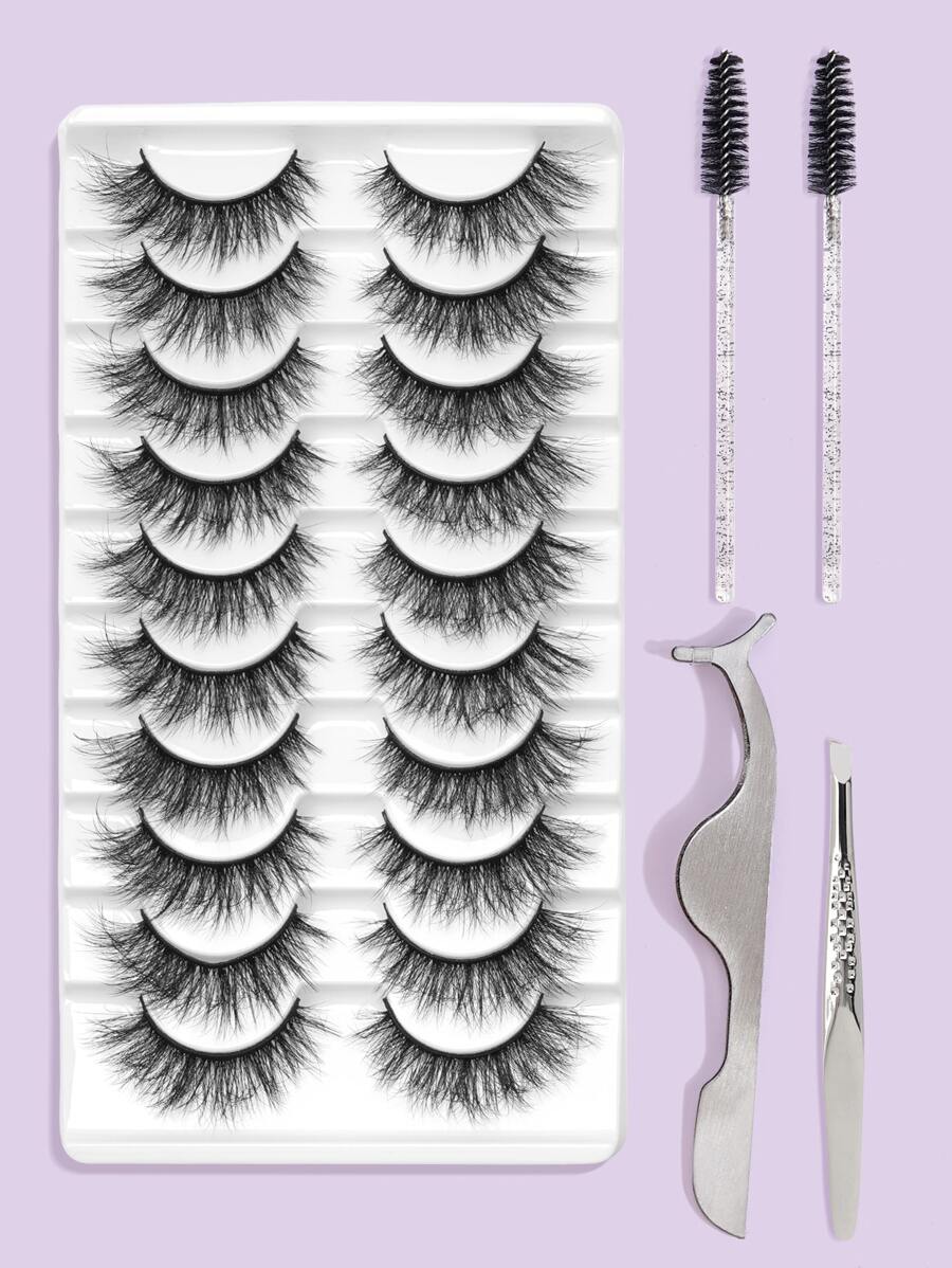 MAGEFY 10Pairs Of Natural Full False Eyelashes&2pcs Disposable Eyelash Brush&Tweezers&False Eyelash Aid,Thick Curling Fluffy Eyelashes For Party Use Manga Eyelashes, Travel Essentials - Black - View 1