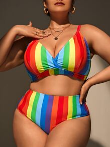 SHEIN Swim Curve Summer Beach Plus Size Rainbow Striped High Waist Bikini Set - Multicolor - View 1