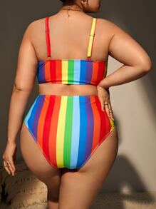 SHEIN Swim Curve Summer Beach Plus Size Rainbow Striped High Waist Bikini Set - Multicolor - View 2