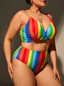 SHEIN Swim Curve Summer Beach Plus Size Rainbow Striped High Waist Bikini Set - Multicolor - View 4