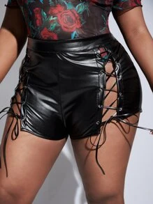 SHEIN Unity Quần Short kích thước lớn Ren lên màu trơn Giải trí - màu đen - Xem 5