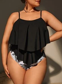 Swim Lushoire 大碼棕櫚樹印花坦基尼套裝雙多層飄逸下擺游泳吊帶上衣和泳衣下裝2入組泳衣 - 黑與白 - 查看 1