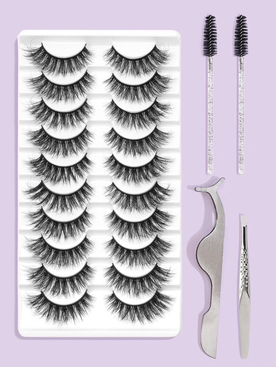 MAGEFY 10 cặp lông mi giả tự nhiên nguyên sợi & 2 cọ chải mi & dụng cụ hỗ trợ mi giả & nhíp, mi giả Manga mỏng nhẹ dùng hàng ngày, vật dụng thiết yếu khi đi du lịch, mi giả, lông mi giả - màu đen - Xem 1