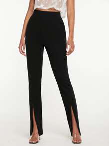 SHEIN Tall 高腰下擺開叉緊身褲 - 黑色 - 查看 4