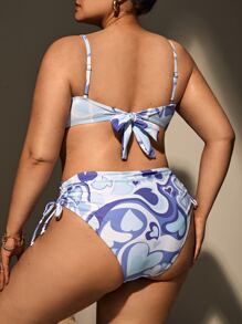Plus Size Heart Print Hanky Hem Drawstring Side High Waist Bikini Set Summer Beach - Multicolor - View 2