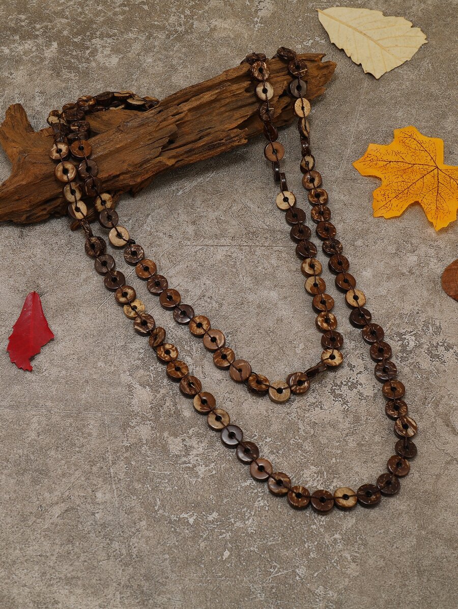 Wood Bead Beaded Necklace - Coffee Brown - View 1