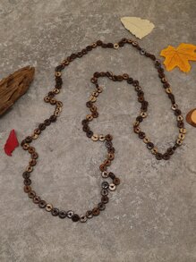 Wood Bead Beaded Necklace - Coffee Brown - View 4
