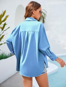 SHEIN EZwear Áo sơ mi Oversized Nút Lên Vá Túi - Màu xanh bụi bặm - Xem 2