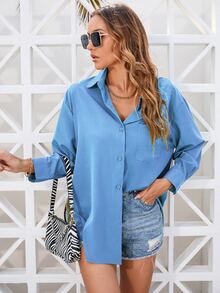 SHEIN EZwear Áo sơ mi Oversized Nút Lên Vá Túi - Màu xanh bụi bặm - Xem 5