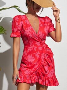 SHEIN Unity Floral Print Puff Sleeve Ruffle Trim Tie Side Wrap Dress - Multicolor - View 1