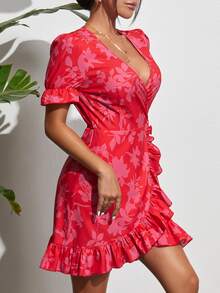 SHEIN Unity Floral Print Puff Sleeve Ruffle Trim Tie Side Wrap Dress - Multicolor - View 3