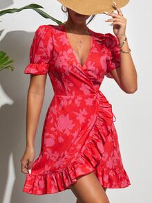 SHEIN Unity Floral Print Puff Sleeve Ruffle Trim Tie Side Wrap Dress - Multicolor - View 4