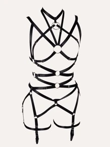 Ring Linked Garter Harness Bodysuit - Black - View 4