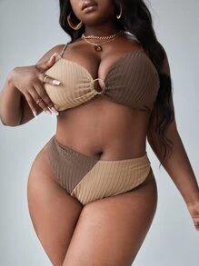 SHEIN Slayr Plus Size Two Tone Ring Detail Rib-Knit High Waist Bikini Set Summer Beach - Multicolor - View 1