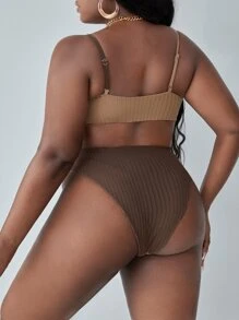 SHEIN Slayr Plus Size Two Tone Ring Detail Rib-Knit High Waist Bikini Set Summer Beach - Multicolor - View 2
