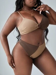 SHEIN Slayr Plus Size Two Tone Ring Detail Rib-Knit High Waist Bikini Set Summer Beach - Multicolor - View 3