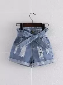 SHEIN Young Girl Paperbag Waist Ripped Roll Hem Belted Denim Shorts Summer Holiday