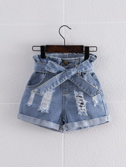 SHEIN Jeune Fille Short En Jean À Taille Froncée Déchiré Ourlet Roulé Ceinturé