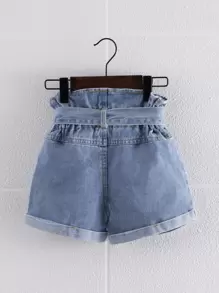 SHEIN Young Girl Paperbag Waist Ripped Roll Hem Belted Denim Shorts Summer Holiday