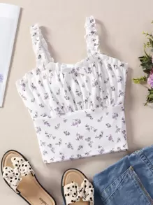 SHEIN 女孩碎花褶邊吊帶上衣 - 白色 - 查看 1