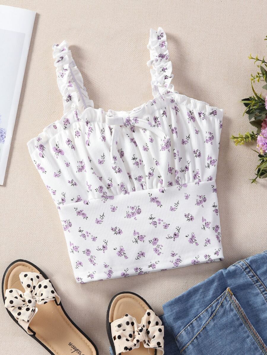 SHEIN 女孩碎花褶邊吊帶上衣 - 白色 - 查看 1