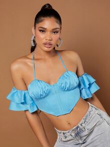 SHEIN BAE Blusa pecho con fruncido de espalda abierta con cordón ribete con fruncido bajo pañuelo corto halter - Azul menta - Ver 2