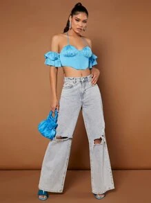 SHEIN BAE Blusa pecho con fruncido de espalda abierta con cordón ribete con fruncido bajo pañuelo corto halter - Azul menta - Ver 4