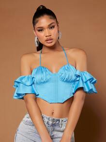 SHEIN BAE Blusa pecho con fruncido de espalda abierta con cordón ribete con fruncido bajo pañuelo corto halter - Azul menta - Ver 5