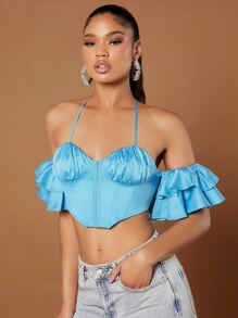 SHEIN BAE Blusa pecho con fruncido de espalda abierta con cordón ribete con fruncido bajo pañuelo corto halter - Azul menta - Ver 6