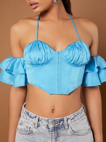 SHEIN BAE Blusa pecho con fruncido de espalda abierta con cordón ribete con fruncido bajo pañuelo corto halter - Azul menta - Ver 1