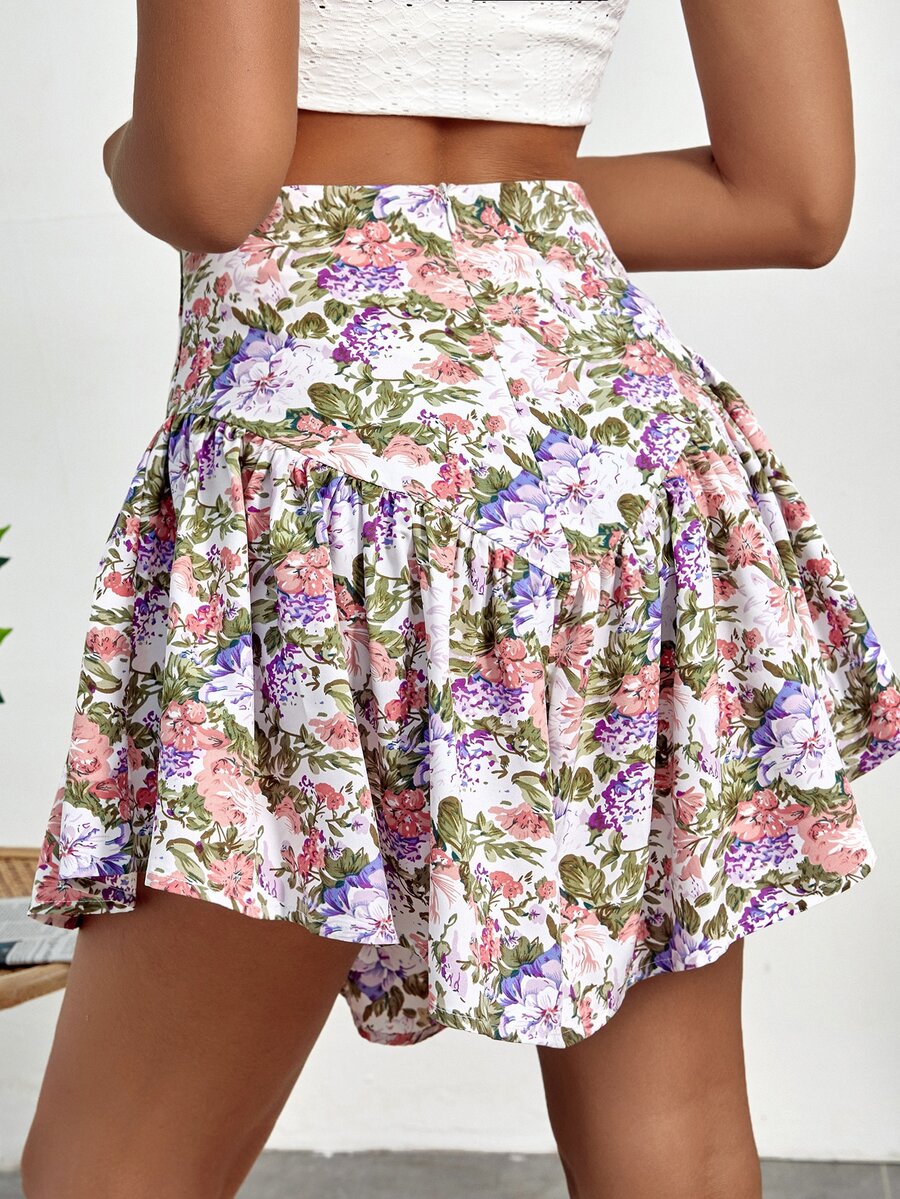 Falda con estampado floral bajo con fruncido - Multicolor - Ver 1