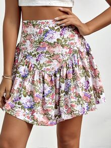 Falda con estampado floral bajo con fruncido - Multicolor - Ver 4