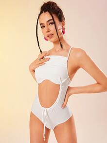 Cut Out Ruched Tie Front Lace-up Backless Cami Bodysuit - White - View 3
