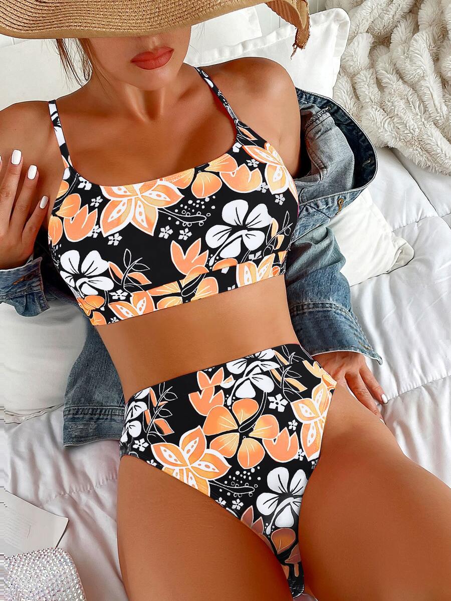 Summer Beach Random Floral Print High Waist Bikini - Multicolor - View 1